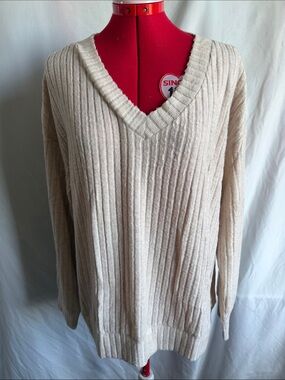 Cozy Cream Ribbed V-Neck Sweater